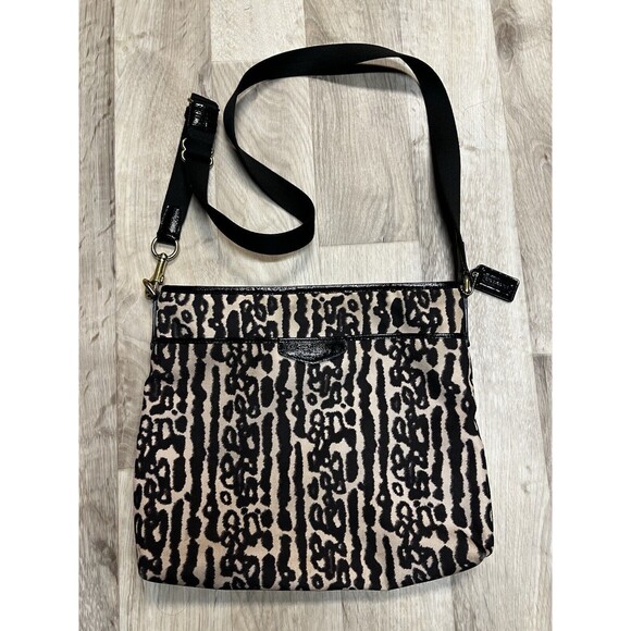 COACH OCELOT ANIMAL PRINT CANVAS Black & Beige W/Adjustable Crossbody Strap EUC - Picture 1 of 8